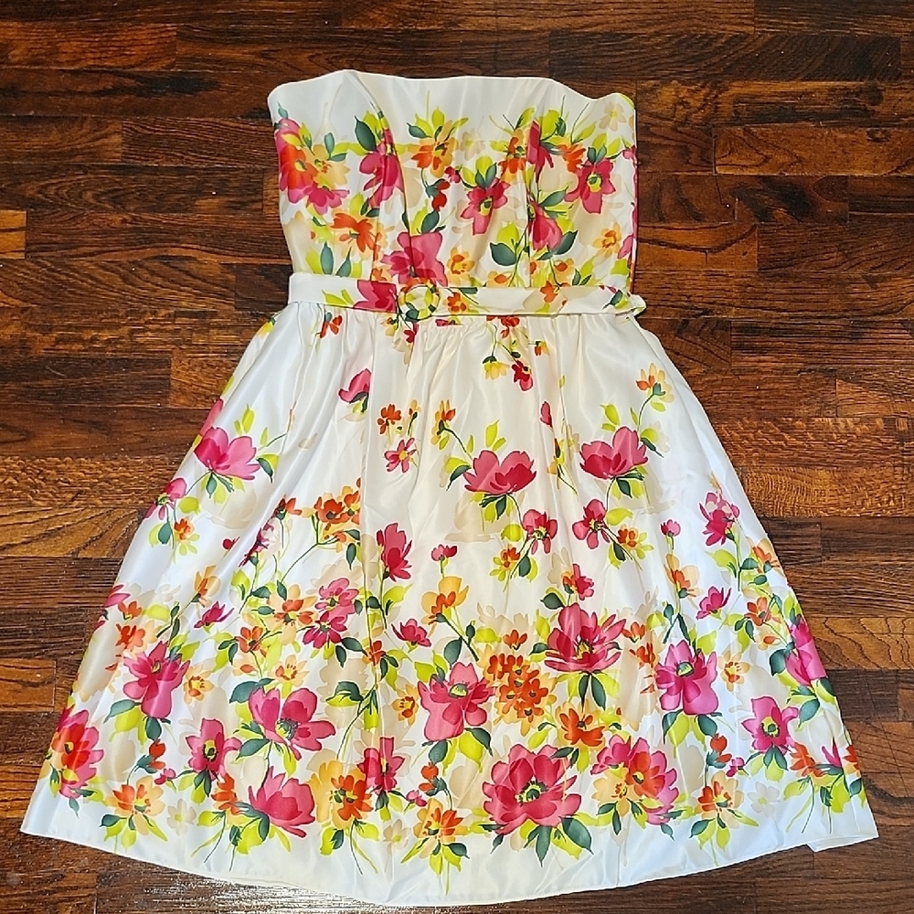 After Six Sample Satin Strapless Floral Dress with Pink and Yellow Blooms